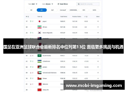 国足在亚洲足球联合会最新排名中位列第13位 面临更多挑战与机遇